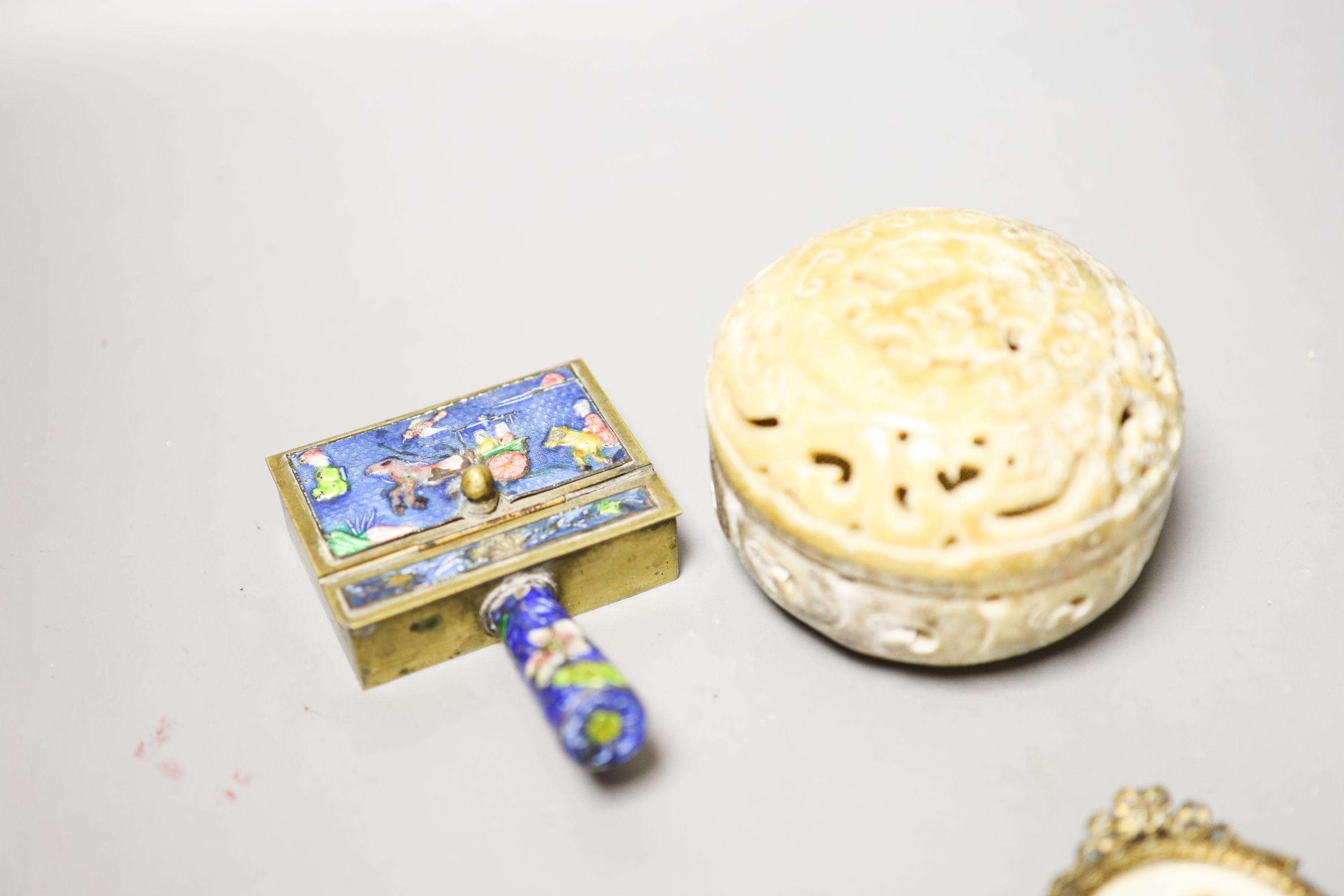 Three miniatures of ladies on ivory, early 20th century and a soapstone lidded pot and enamelled box